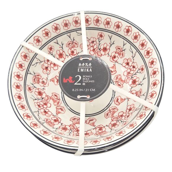 Emika Floral 8.25in Asian Ceramic Ramen Noodle Bowl Set Of 2pc White Dusty Rose - Picture 13 of 13